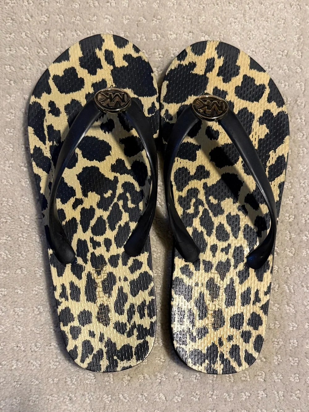 Michael Kors Leopard Print MK Logo Flip Flops - Black & Tan